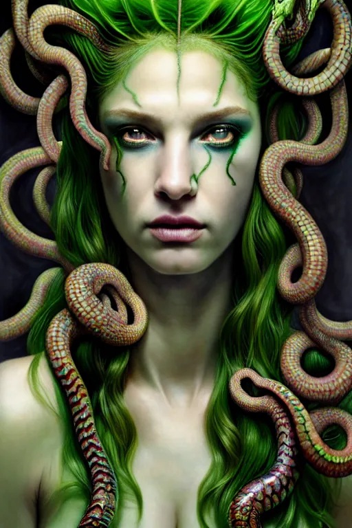 Prompt: hyperrealistic mixed media painting of beautiful Medusa, green scaley serpents in her hair, pale skin, serious evil expression, full body, stunning 3d render inspired art by P. Craig Russell and Barry Windsor-Smith + perfect facial symmetry + dim volumetric lighting, 8k octane beautifully detailed render, post-processing, extremely hyperdetailed, intricate, epic composition, grim yet sparkling atmosphere, cinematic lighting + masterpiece, trending on artstation, very very detailed, masterpiece, stunning