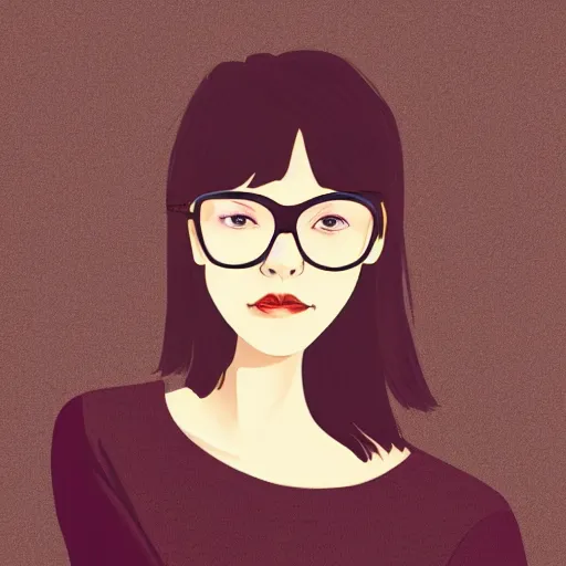 Prompt: portrait of a teenage girl with bangs, brown hair and bangs, round silver glasses with thin rims, wearing an oversized sweater, digital art, elegant pose, illustration with thick lineart