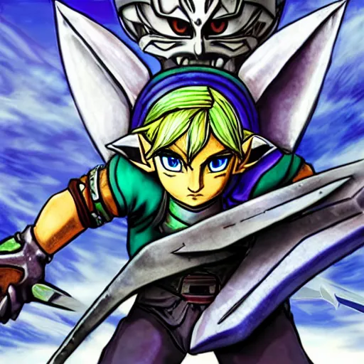 Image similar to fierce deity link fighting majora's mask in the style of kentaro miura