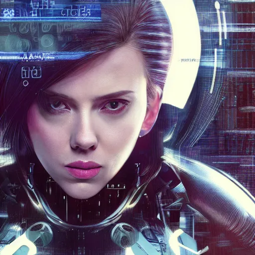 Image similar to a beautiful medium - shot still of scarlett johansson from ghost in the shell, cyberpunk style, looking off into the distance, a - line bob hairstyle, black hairs, ultra realistic, soft, blue hour, soft neons light from night city falling on her face. focus on her eyes and brows. by annie leibowitz