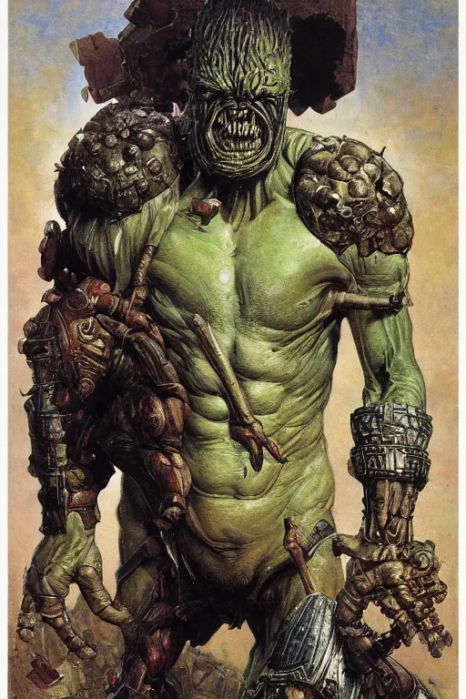 Image similar to upper body and head portrait of hulking mutant armoured warrior overlord by lawrence alma tadema and zdzislaw beksinski and norman rockwell and jack kirby and tom lovell and greg staples