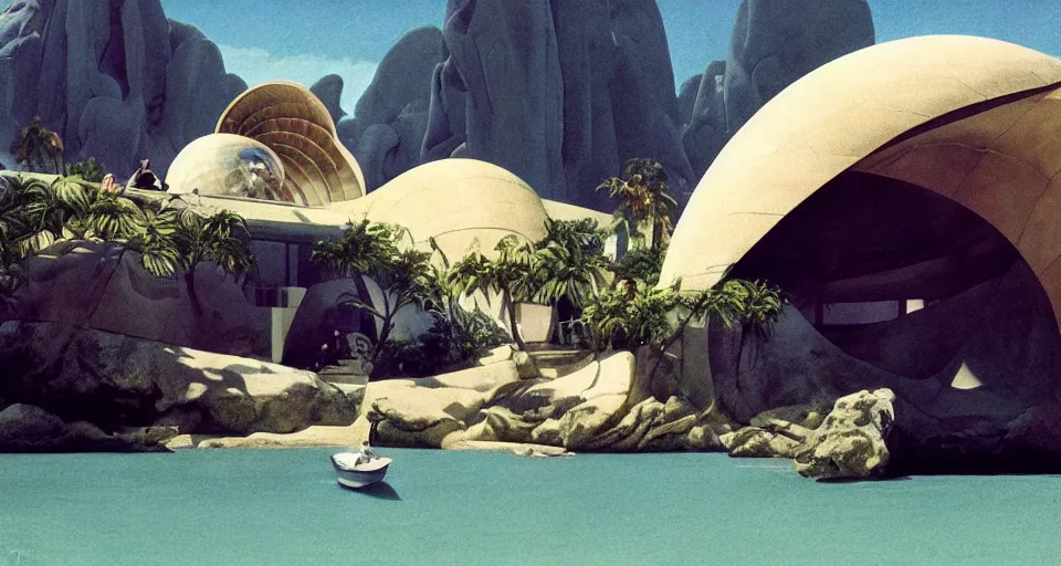 Image similar to a giant seashell house in the middle of nowhere, cinematography by syd mead, gregory crewdson, moebius, j. h. williams iii