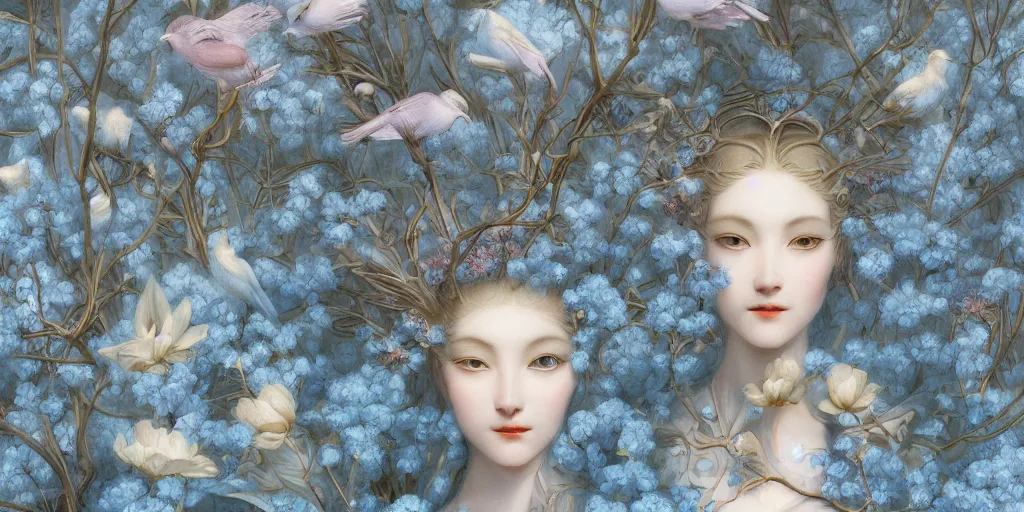 Image similar to breathtaking detailed concept art painting art deco pattern of blonde faces goddesses amalmation light - blue flowers with anxious piercing eyes and blend of flowers and birds, by hsiao - ron cheng and john james audubon, bizarre compositions, exquisite detail, extremely moody lighting, 8 k