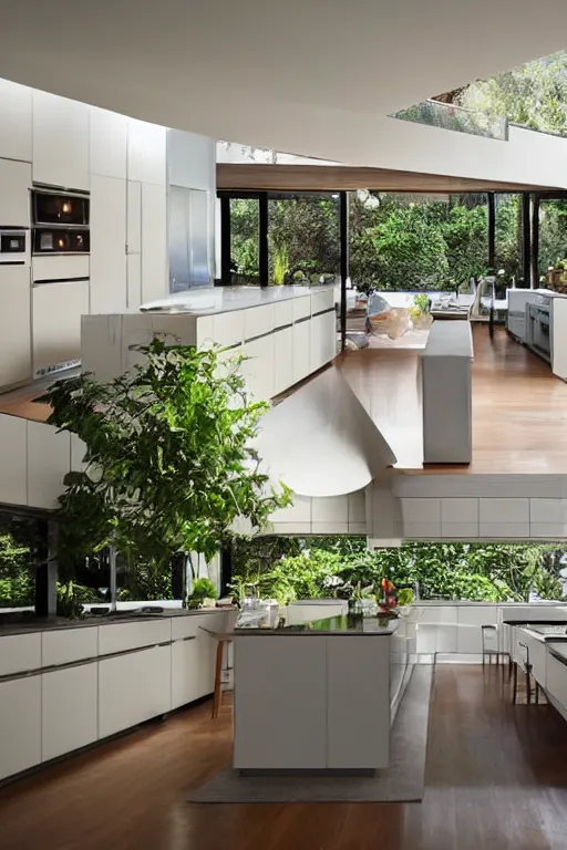 Image similar to a gigantic modern kitchen in a light and beautiful room with plants and furniture by john lautner, high detail, hyper-realistic environment