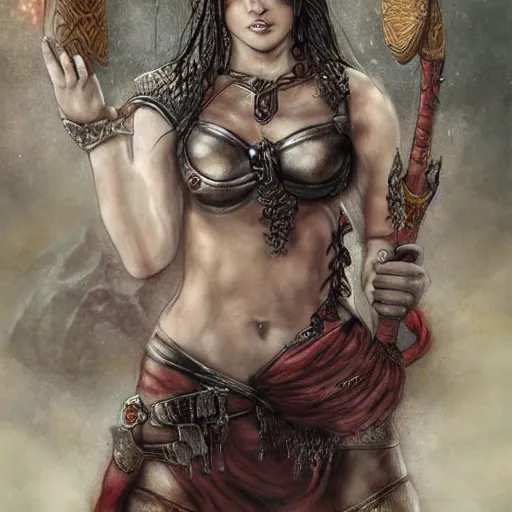 Image similar to vuloptuous female warrior, hyper realistic, in the style of luys royo