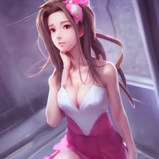 Image similar to full body shot of aerith gainsborough by WLOP, rossdraws, Logan Cure, Mingchen Shen, BangkuART, sakimichan, yan gisuka, JeonSeok Lee, zeronis, Chengwei Pan on artstation