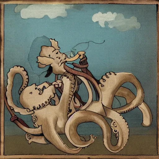 Image similar to a donkey and an octopus are playing a game. the donkey is holding a rope on one end, the octopus is holding onto the other. the donkey holds the rope in its mouth. a cat is jumping over the rope.