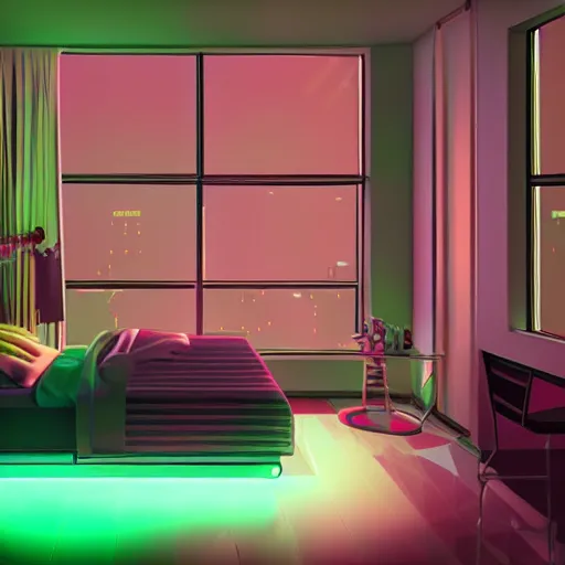 inside a girl room, cyberpunk vibe, neon glowing lights, sharp