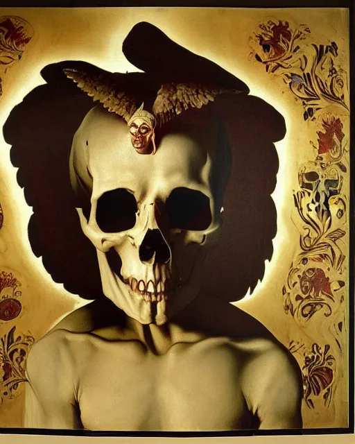 Image similar to an angel with a skull painted with indigenous motifs for the head by caravaggio, dramatic lighting, blood, god rays, angelical