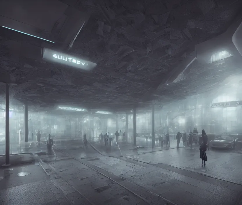 Image similar to Futuristic subway station , gloomy and foggy atmosphere, octane render, artstation trending, horror scene, highly detailded