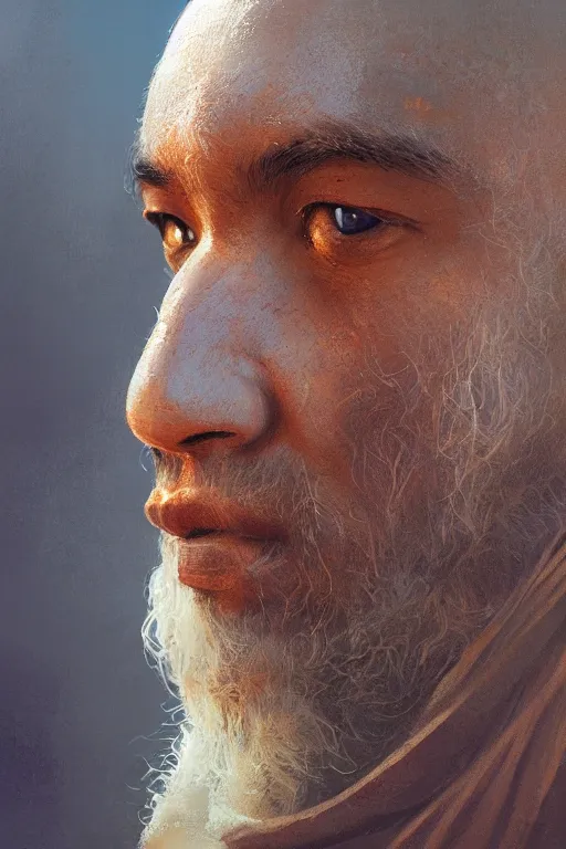 Image similar to hindu monk, close - up portrait, devoted, intricate, elegant, volumetric lighting, scenery, digital painting, highly detailed, artstation, sharp focus, illustration, concept art, ruan jia, steve mccurry