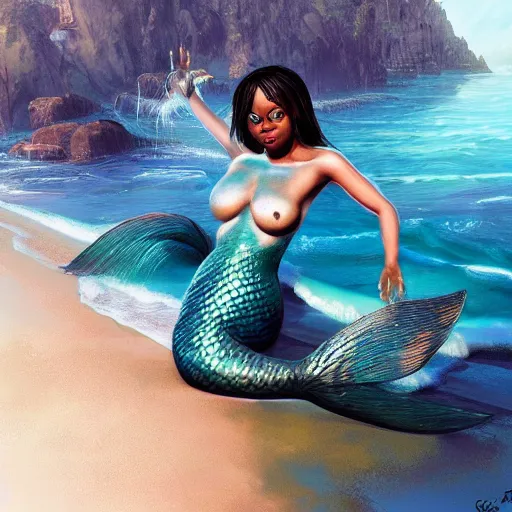 Image similar to jada fire as a beautiful mermaid emerging from the ocean, extremely high detail, photo realistic, cinematic, post processed, concept art, artstation, matte painting, style by Raphael Lacoste, Eddie Mendoza