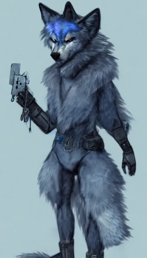 Prompt: dieselpunk furry blue wolf with fuzzy tail, concept art, dramatic, fantasy, pixiv