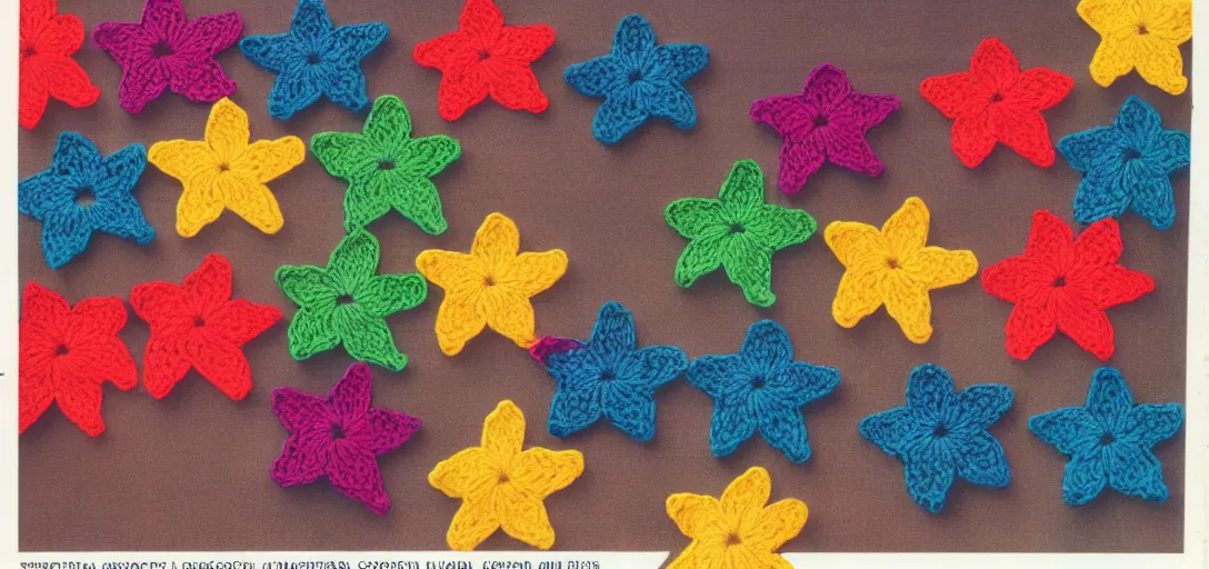 Image similar to multicolored crocheted stars, 1 9 8 0 s catalogue photo