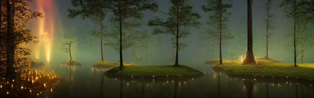 Image similar to fantasy forest of glowing trees and glowing flying insects, a lake reflecting the lights, myst on the air, cinematic feel, hyper realistic, high detail, blender render .