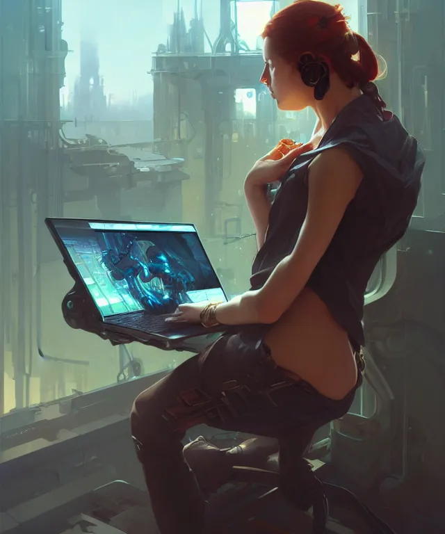 Image similar to Hacker hacks computer, highly detailed, digital painting, artstation, concept art, smooth, sharp focus, illustration, art by artgerm and greg rutkowski and alphonse mucha