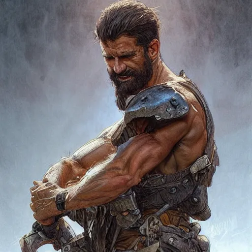 Prompt: portrait of a rugged ranger, 3 0 years old, muscular, upper body, hairy torso, d & d, fantasy, intricate, elegant, highly detailed, digital painting, artstation, concept art, smooth, sharp focus, illustration, art by artgerm and greg rutkowski and alphonse mucha