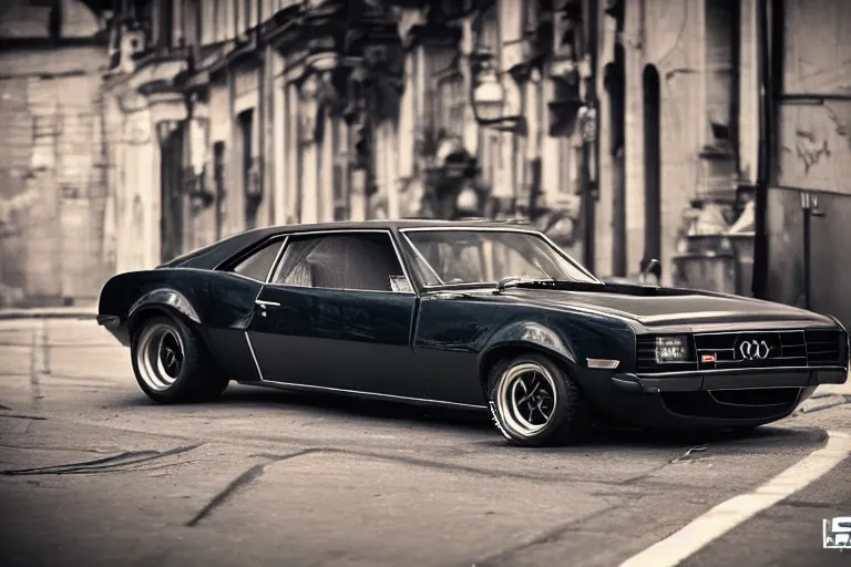 Image similar to audi camaro b 1 ( 1 9 6 9 ) drifting, need for speed : carbon, at night, neon lines, lviv historic centre, phonk music background, smoke behind wheels, noise, dark, establishing shot