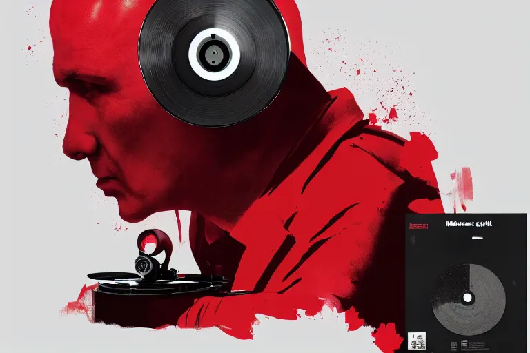 Image similar to a portrait of agent 4 7 from hitman wearing headphones and putting a vinyl record onto a turntable, dark background, red rim light, digital art, artstation, concept art by giger stalenhag