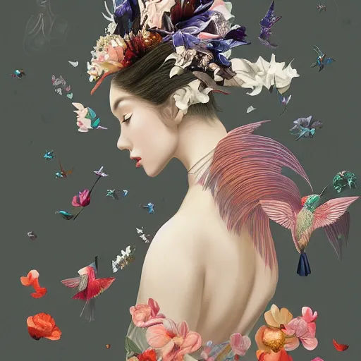 Image similar to 3 / 4 view of a beautiful girl wearing an origami dress, eye - level medium shot, fine floral ornaments in cloth and hair, hummingbirds, elegant, by eiko ishioka, givenchy, tsuguharu foujita, by peter mohrbacher, centered, fresh colors, origami, fashion, detailed illustration, vogue, japanese, reallusion character creator