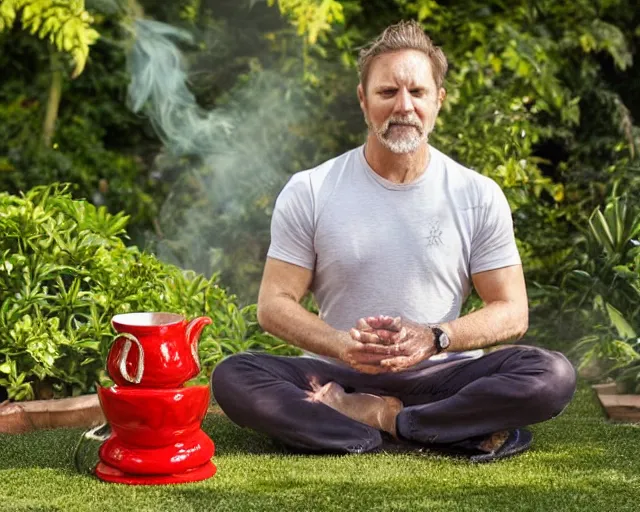 Image similar to mr robert is drinking fresh tea, smoke pot and meditate in a garden from spiral mug, detailed smiled face, muscular hands, golden hour closeup photo, red elegant shirt, eyes wide open, ymmm and that smell