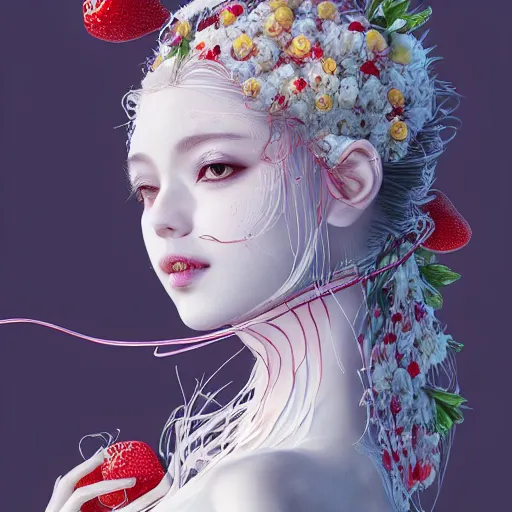 Prompt: the portrait of an absurdly beautiful, graceful, elegant, sophisticated, fashionable young gravure idol made of strawberries and white petals, an ultrafine hyperdetailed illustration by kim jung gi, irakli nadar, intricate linework, bright colors, octopath traveler, final fantasy, unreal engine 5 highly rendered, global illumination, radiant light, detailed and intricate environment