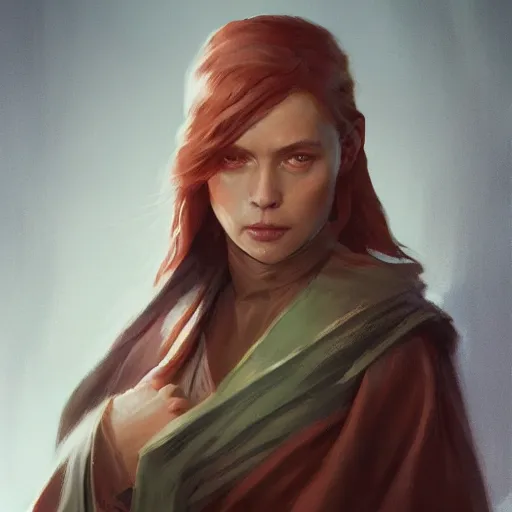 Image similar to portrait of a woman by greg rutkowski, jedi knight jade skywalker, wavy copper hair, jedi robes, star wars expanded universe, she is about 2 0 years old, wearing jedi robes, highly detailed portrait, digital painting, artstation, concept art, smooth, sharp foccus ilustration, artstation hq