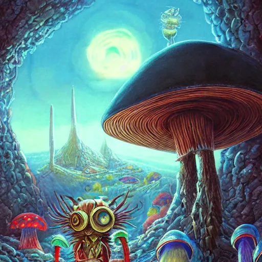 Image similar to 4 k headshot portrait of a psychedelic demonic anthropomorphic insect knight with mushroom themed clothes, magic mushroom village in background by jeff easley, award winning, stylized neon, post - processing, masterpiece, superb resolution. in the art style of junji ito and greg rutkowski. detailed mushroom city in background. hyper realistic anime. perfect art. dalle 2