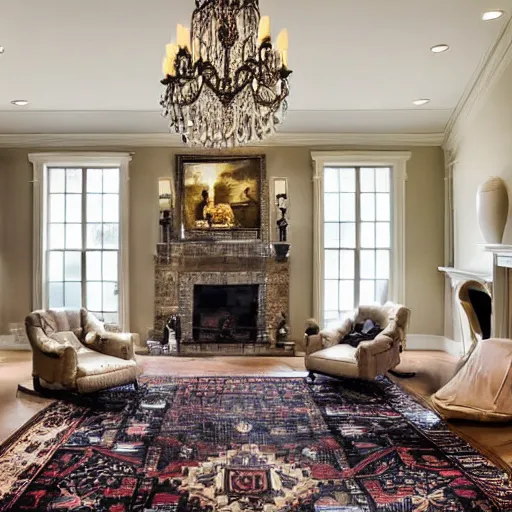 Image similar to a living room with dark wood floors, adjacent hallways, and a wall sized fireplace that reaches to the ceiling, low hanging chandeliers in front of the fireplace, a large rug sits on the floor