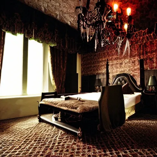 Prompt: spooky gothic hotel room for dracula