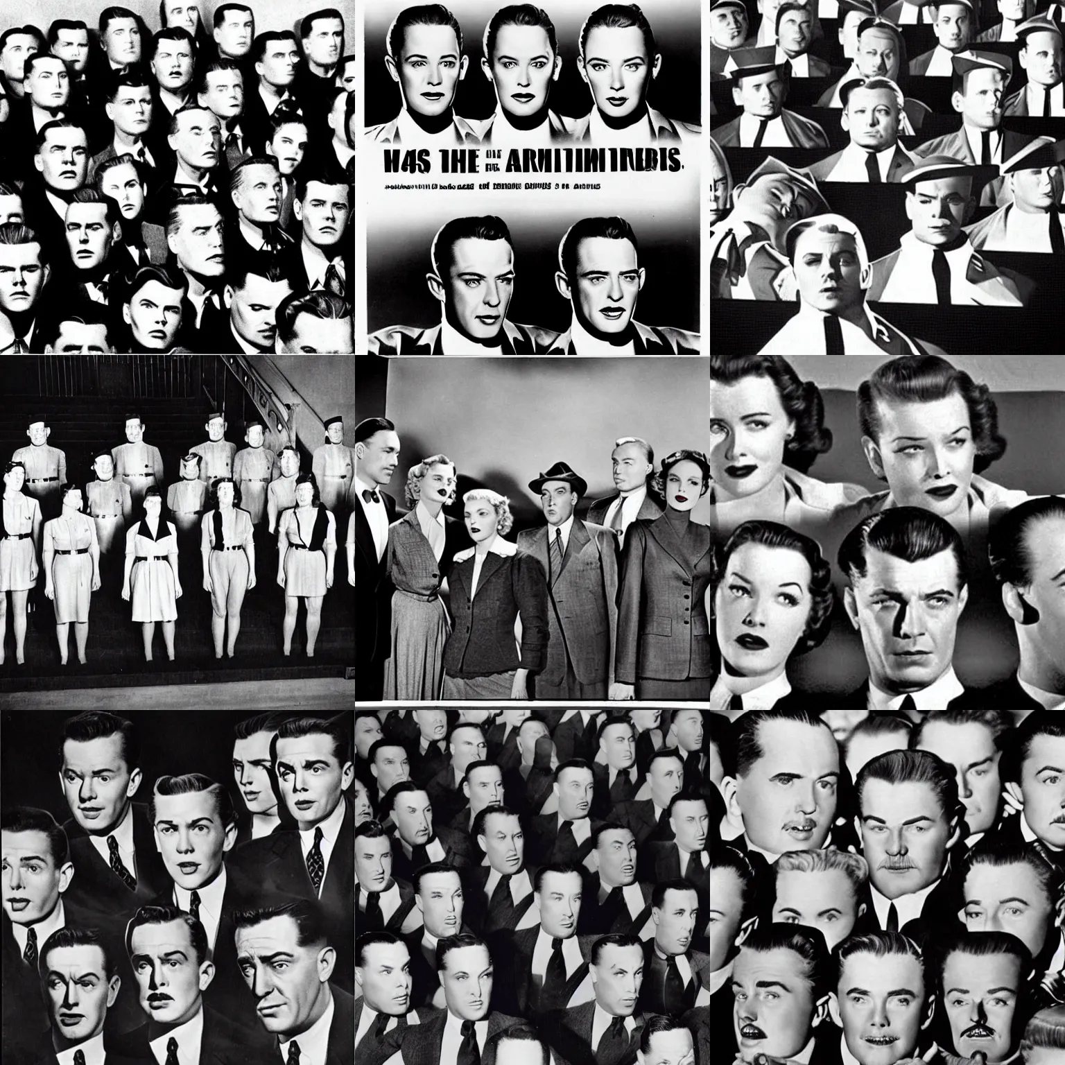 Prompt: 1 9 4 8 movie still featuring actors who all look the same representing the growing paranoia in westen culture