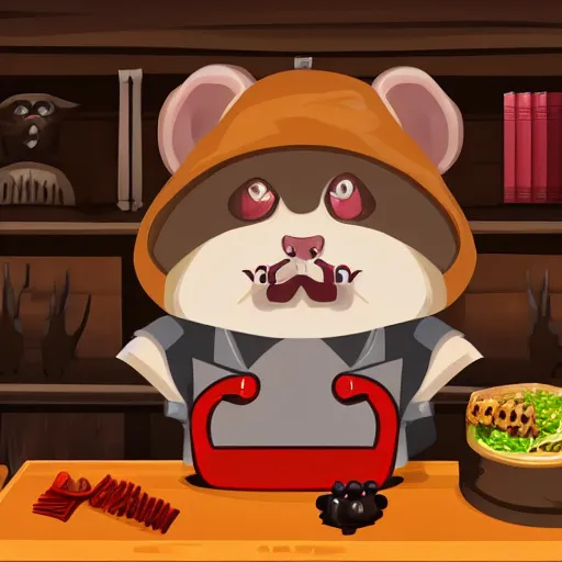 Image similar to a hamster with an evil face, in a butcher shop, holding knives in his hands. standing in front of the table. computer game. realism. magic. the tavern. front view.