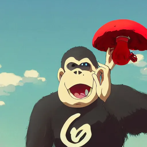 Prompt: cartoon gorilla wearing a black shirt, headphones on head, holding a red mushroom, landscape illustration concept art anime key visual trending pixiv fanbox by wlop and greg rutkowski and makoto shinkai and studio ghibli and kyoto animation