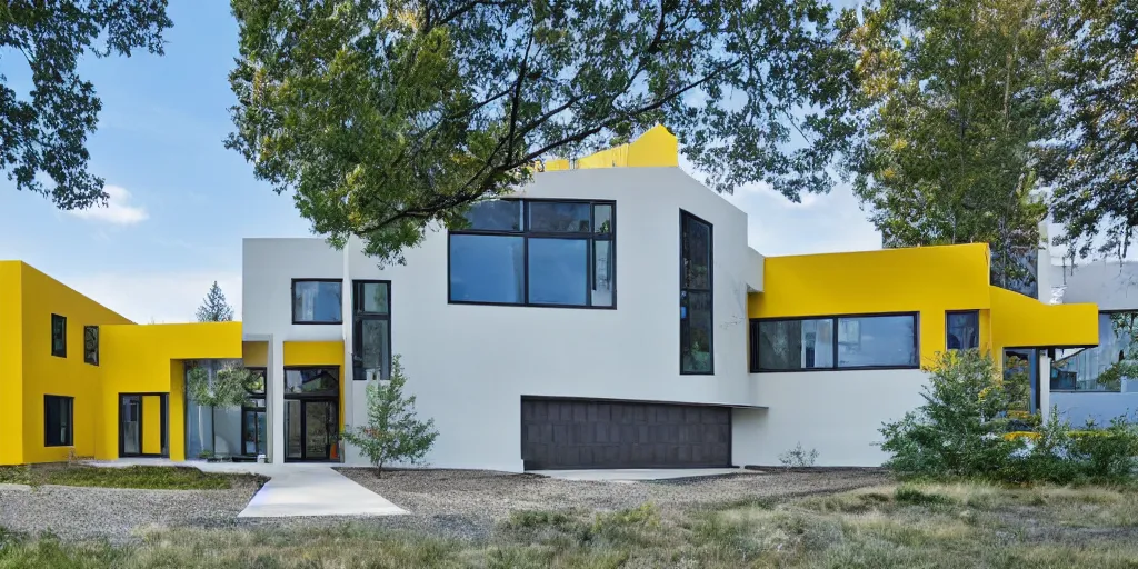 Prompt: large modern residence, white concrete, large windows, blue pipes, yellow metal, triangular features, Washington State