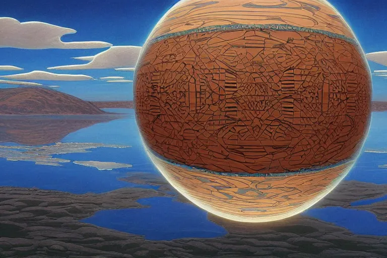 Image similar to a giant floating sphere covered in canadian aboriginal patterns!! hovering above a Yukon lake, (painted by Ralph McQuarrie), matte painting, concept art