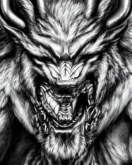 Prompt: A minotaur wolf, black and white, epic, highly detailed face, close-up, fantasy art, dragon art, in the style of masami kurumada, illustration, epic, fantasy, intricate, hyper detailed, artstation, concept art, smooth, sharp focus, ray tracing