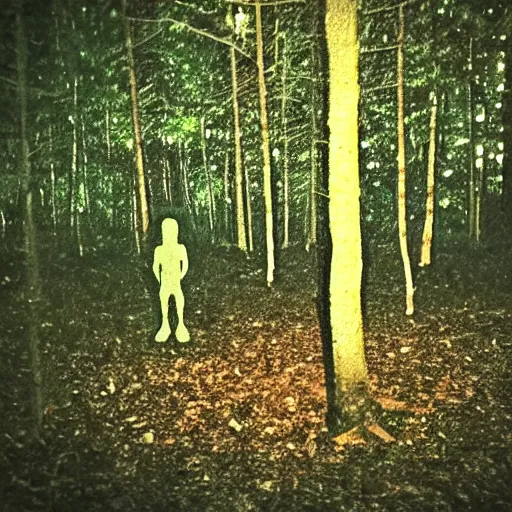 Image similar to grainy surveillance photo still of an alien in the woods at night hiding in the trees of a forest