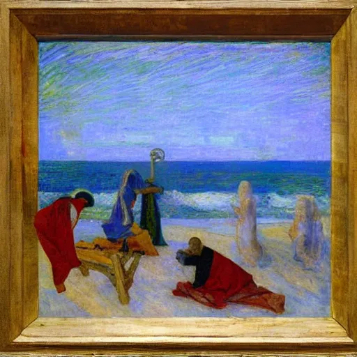 Prompt: nativity by the sea ; henry ossawa tanner ; cubism ; c. 1 9 1 7