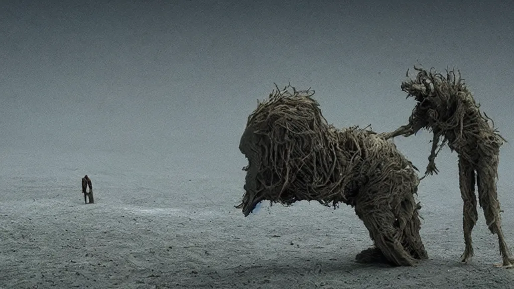 Prompt: a strange creature reveals the secrets of the universe, film still from the movie directed by Denis Villeneuve with art direction by Zdzisław Beksiński