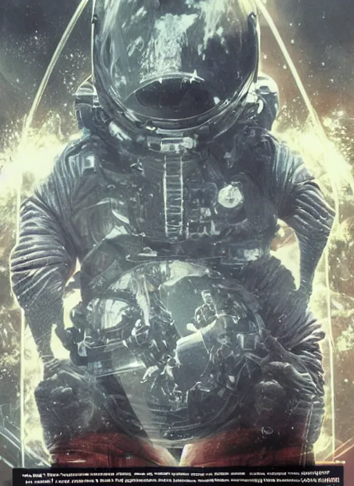 Image similar to astronauts in dark and empty void underwater - complex and hyperdetailed technical suit. reflection and dispersion materials. rays and dispersion of light. volumetric light. 5 0 mm, f / 3 2. noise film photo. flash photography. ultra realistic, wide angle. poster by wayne barlowe, hajime sorayama aaron horkey, craig mullins