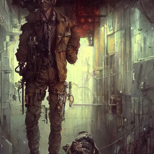 Image similar to aged shaggy ex military soldier, cyberpunk, painted by seb mckinnon, high detail, dramatic light, digital art, painted by greg rutkowski, promotional movie posterart, trending on artstation