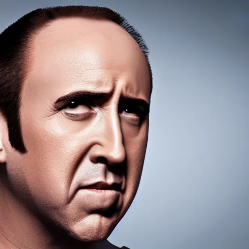 Image similar to portrait of bald nicolas cage neutral expression face straight on headshot even lighting no hair