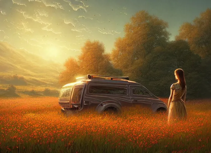 Image similar to detailed intricate digital illustration by greg rutkowski and artgerm and wlop and sanford robinson gifford ; 2 0 0 4 vehicle, beautiful meadow with colorful flowers in background ; 1 3 mm film, arri alfa anamorphic lens ; sharp focus, golden hour lighting, trending on artstation 4 k ; close view