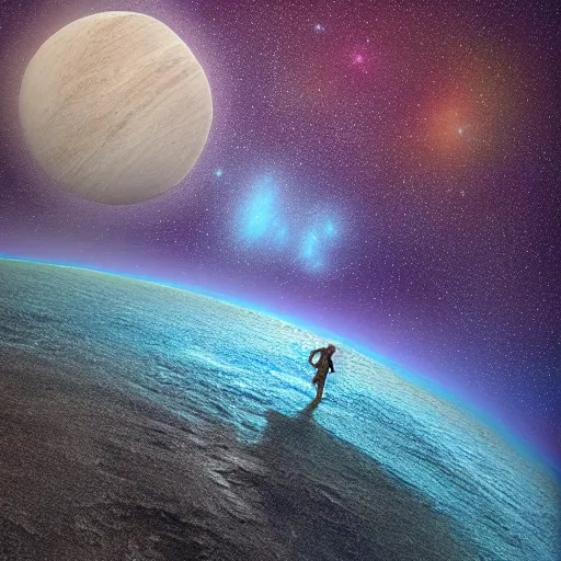 Image similar to standing on neptune, looking out into the vastness of space, digital art