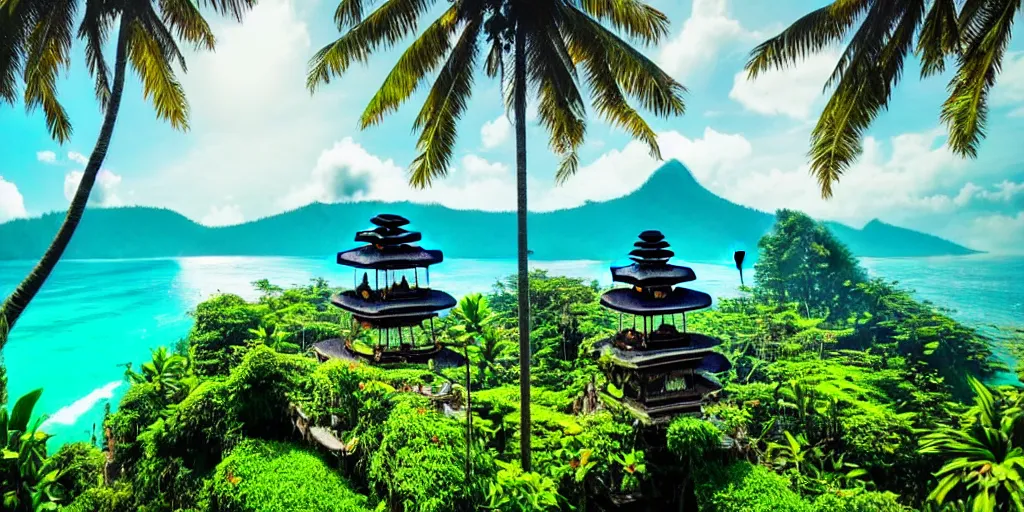 Prompt: Bali, dream, steampunk, beautiful nature, sunny day, sunshine lighting high mountains, which are higher than white fluffy clouds with green trees on top, a small wooden bridge connecting two mountains, ocean beneath the mountains with clear blue water, steel whales jumping and showing from the waves, cinematic, 8k, highly detailed