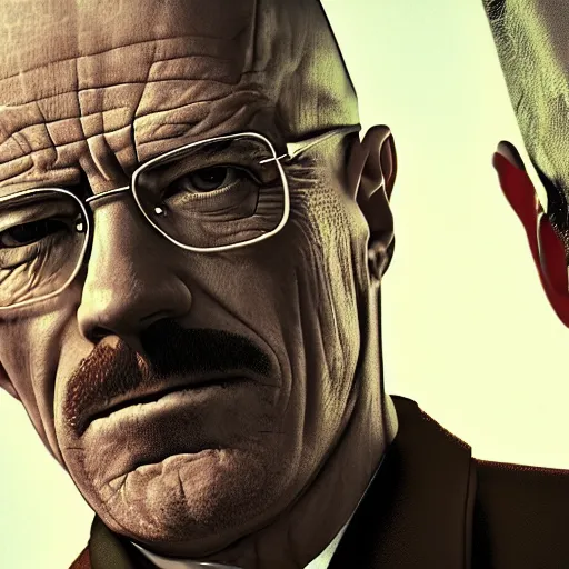 Prompt: Walter White stabs Gustavo Fring in the back, photorealistic, cinematic lighting,