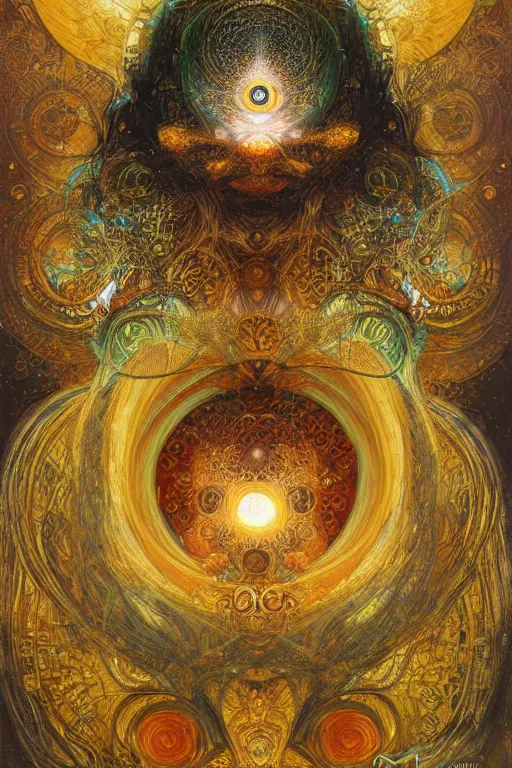 Image similar to Divine Chaos Engine by Karol Bak, Jean Deville, Gustav Klimt, and Vincent Van Gogh, sacred geometry, visionary, mystic, fractal structures, ornate gilded medieval icon, third eye, spirals