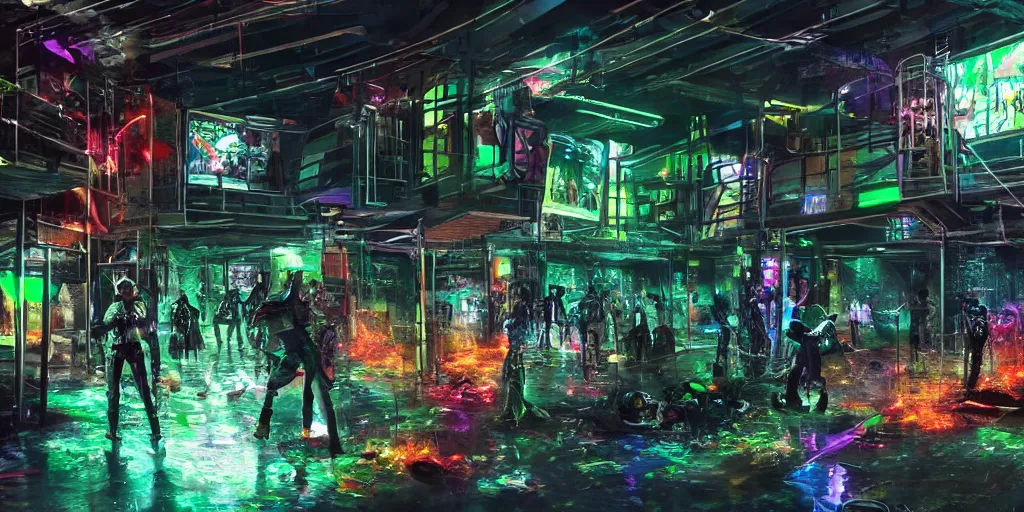 Image similar to a cyberpunk rave in a indoor football stadium, background scene from the old city of babylon, concept art, ultra realistic, 8 k, painting, highly detailed, sci - ci, neon, rain, guns, firearms, robbery, a police car burning