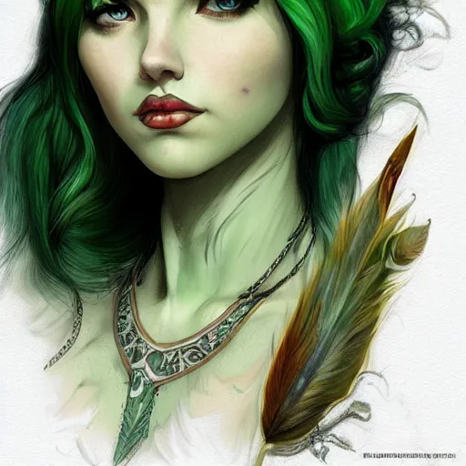 Image similar to green hair tattooed pinup hannah murray, rogue bard, feathers, baldurs gate, diablo, dnd, deep focus, turnaround, fantasy, intricate, elegant, highly detailed, digital painting, artstation, concept art, matte, sharp focus, illustration, hearthstone, art by artgerm and greg rutkowski and alphonse mucha.