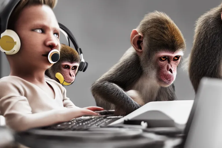 Image similar to monkeys playing on computer using headphones. ultra-detailed, 8k, octane render